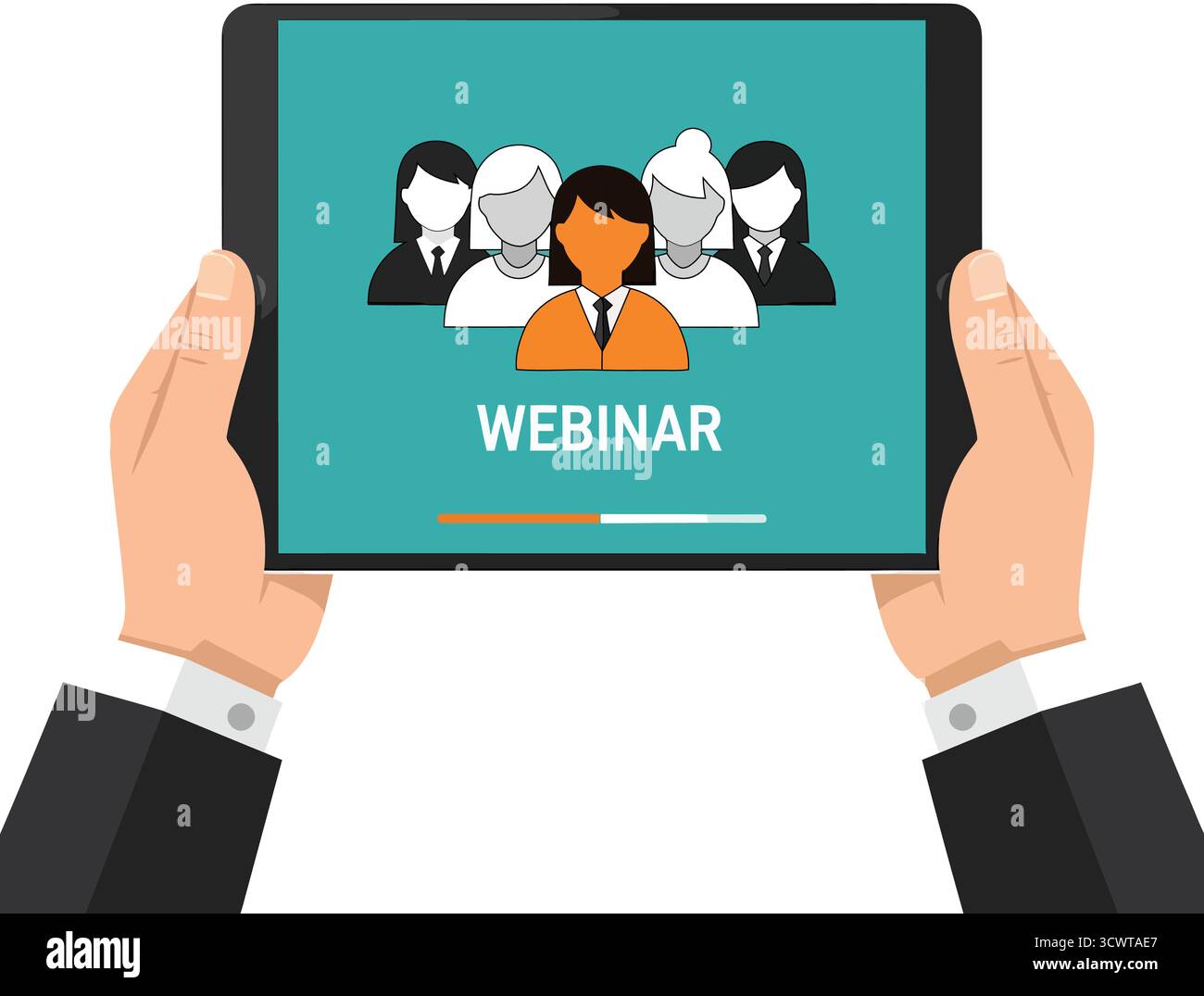 Tablet con le mani in mano che mostra webinar con diversi partecipanti e illustrazione del concetto di apprendimento online Illustrazione Vettoriale