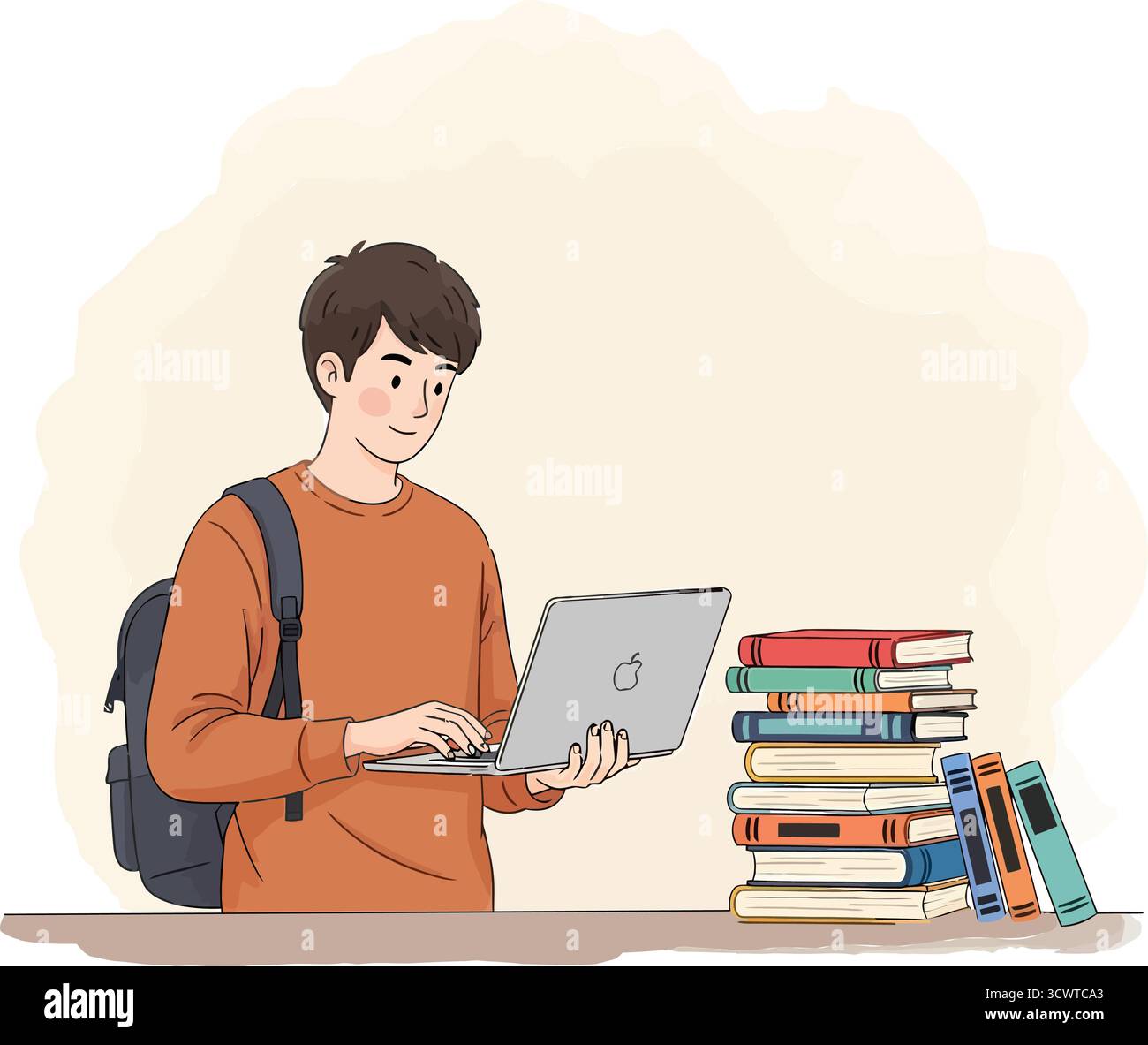 I giovani studenti imparano online con un notebook e una pila di libri illustrati Illustrazione Vettoriale