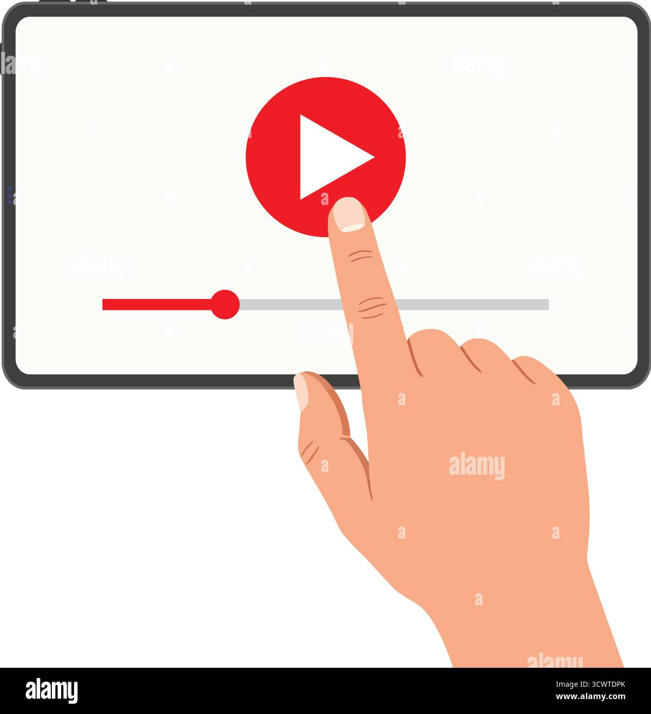Toccare il pulsante di riproduzione sullo schermo del tablet che simboleggia il contenuto video online e l'illustrazione di apprendimento Illustrazione Vettoriale