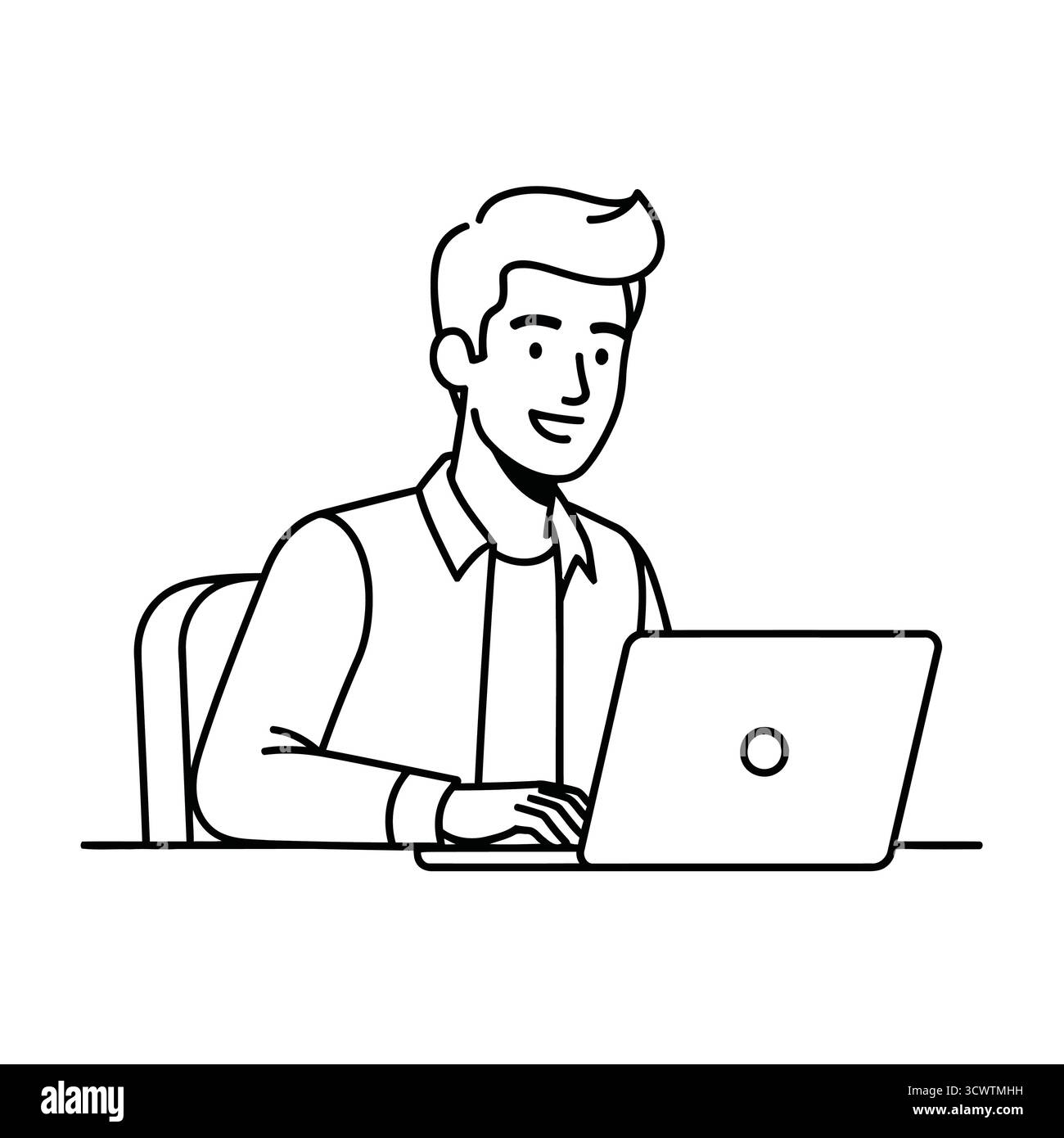 Un giovane sorridente che lavora su un computer portatile con apprendimento online o concetto di lavoro remoto in un'illustrazione in stile sketch Illustrazione Vettoriale