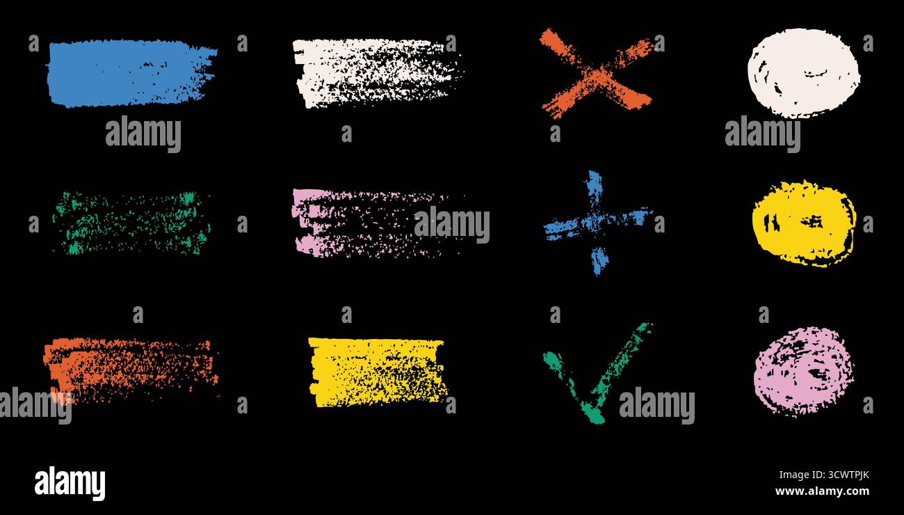 Set di icone colorate con gesso e simbolo solido. Tratto pennello disegnato a mano, croce e segno di spunta, più, cerchio e evidenziazione silhouette Symbol Collection Illustrazione Vettoriale