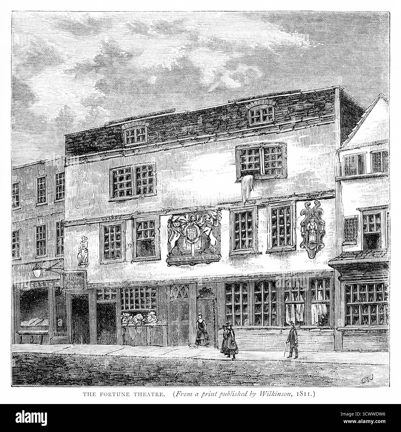 Un'incisione del XIX secolo dell'esterno del Teatro Fortune che era stato convertito nel 1811 in edifici residenziali. Il teatro originale fu completato nel 1599, ma bruciato nel 1621. Il teatro fu ricostruito ma chiuso nel 1642 Foto Stock