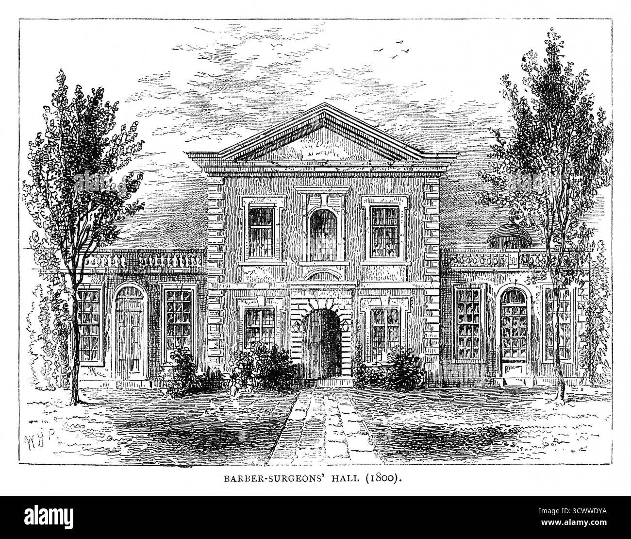 Un'incisione del XIX secolo dell'esterno della Barber Surgeons Hall in Monkwell Street, Londra, che sembrava intorno al 1800. La prima sala, costruita sul sito nel 1441, bruciò nel grande incendio di Londra nel 1666. La sala fu ricostruita e distrutta durante la seconda guerra mondiale nel 1940. Foto Stock