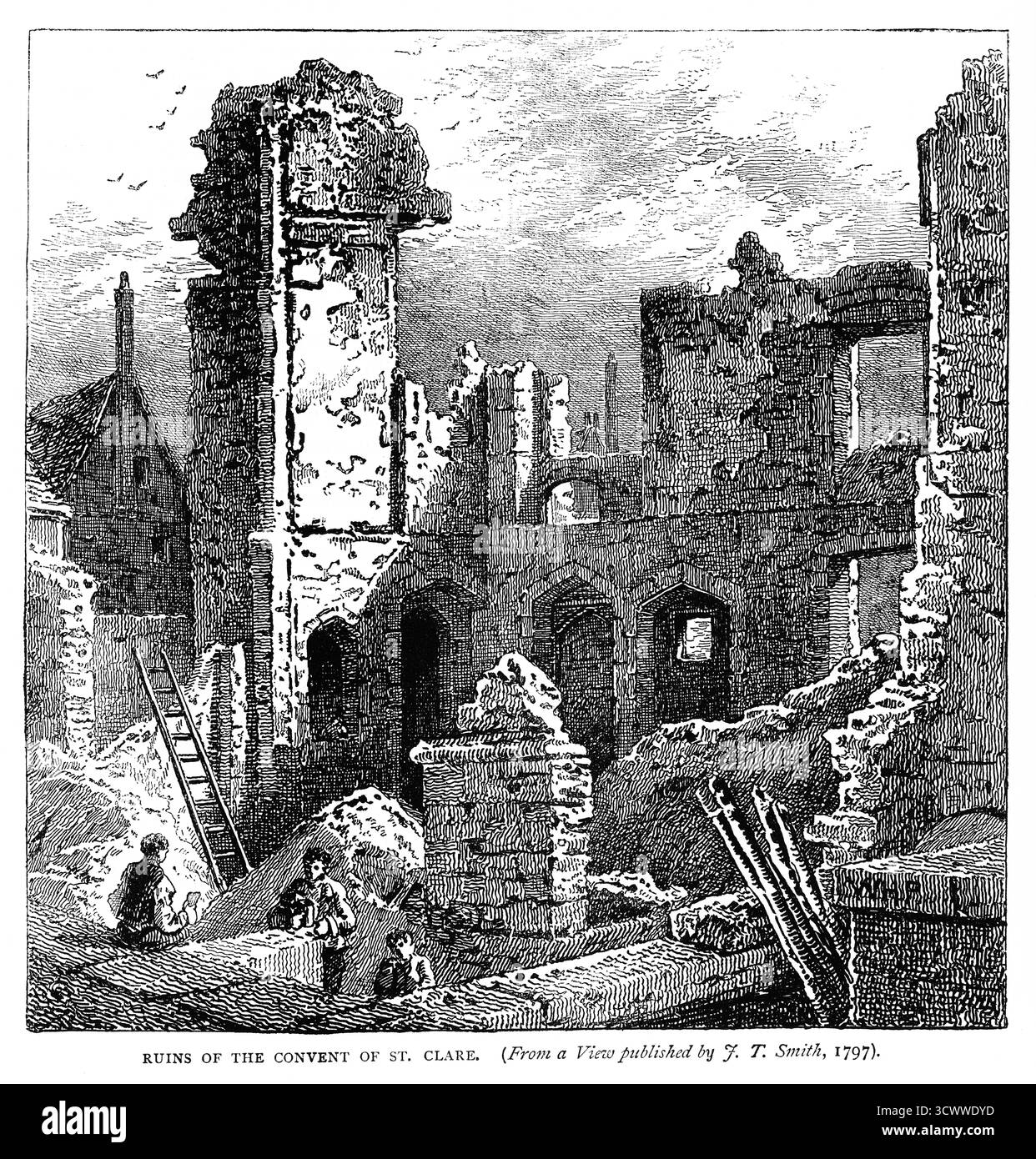 Un'incisione del XIX secolo delle rovine del Convento di Santa chiara dopo l'incendio che distrusse gli ultimi edifici sopravvissuti dell'Abbazia delle Minoresse di Santa chiara del XIII secolo a Londra nel 1797. Era un monastero di suore francescane che fu sciolto da re Enrico VIII e gli edifici del monastero furono riutilizzati nel tempo per vari usi, tra cui gli ufficiali di alloggi della Torre di Londra Foto Stock