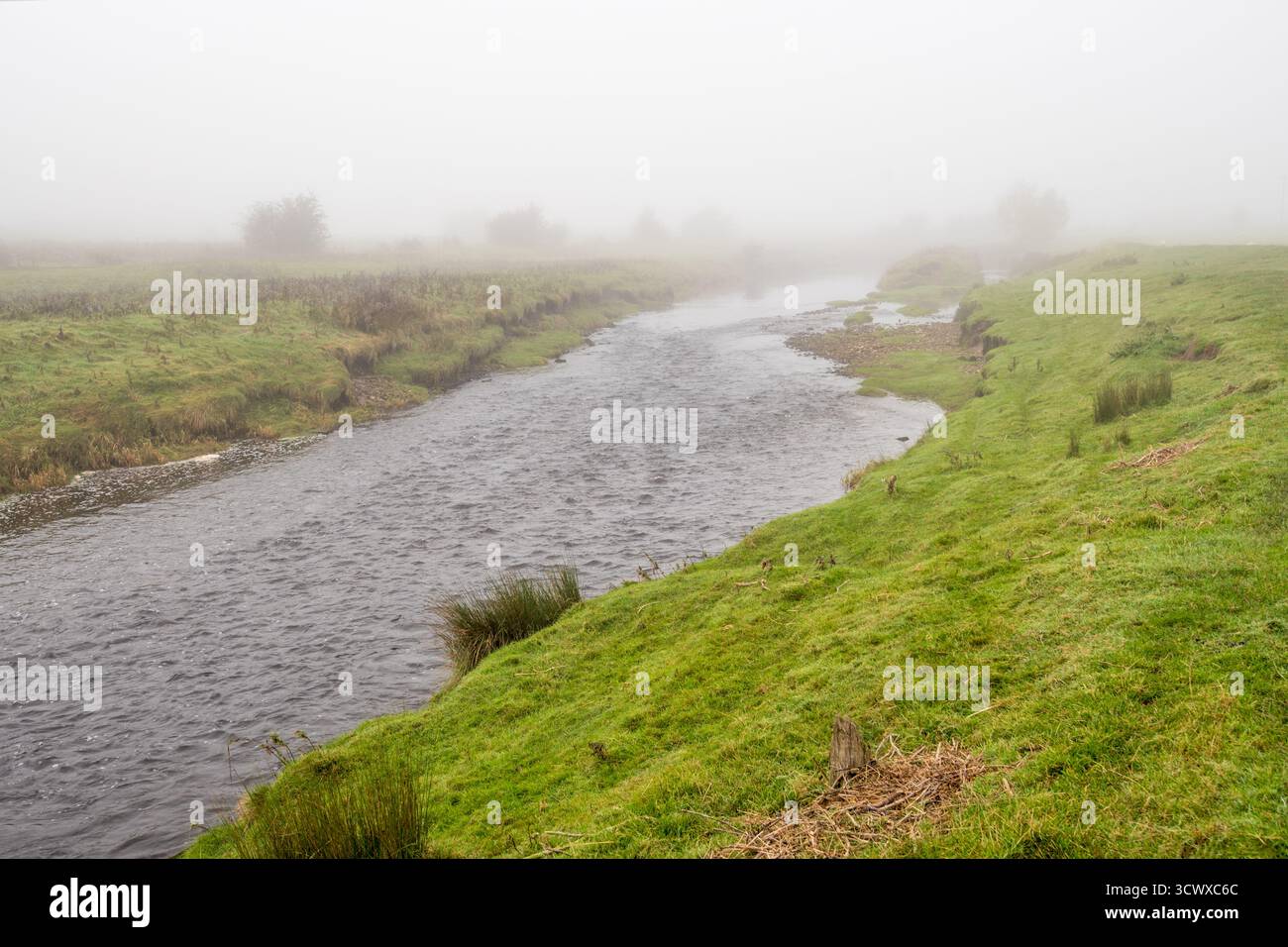 Il fiume Ribble, sopra Cowbridge a Long Preston, e in un punto in cui il Long Preston beck si unisce. Un'area di alta pressione ha portato in nebbia persistente Foto Stock