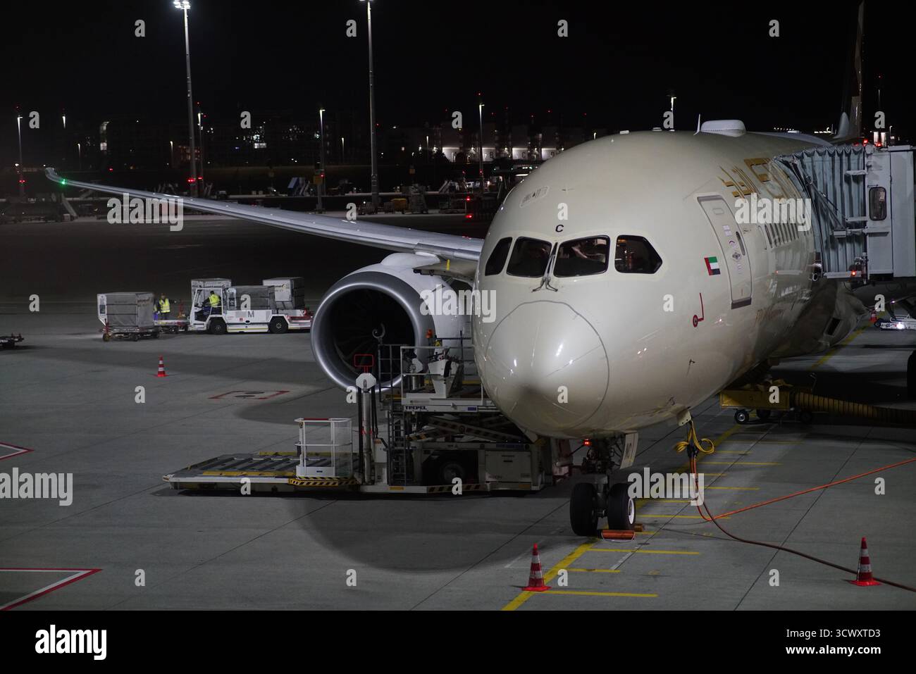 Etihad Airways Boeing 787 Dreamliner al cancello durante le operazioni notturne all'aeroporto di Monaco, con equipaggio e veicoli di servizio nelle vicinanze. Monaco, Germania Foto Stock