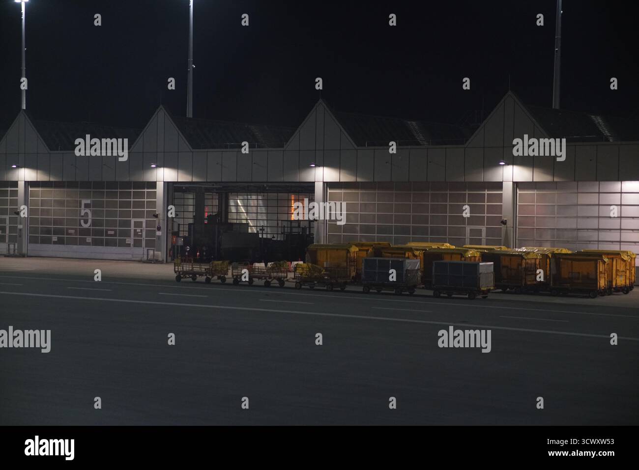 Area merci e bagagli dell'aeroporto di Monaco di Baviera di notte, con carrelli e container allineati fuori da un hangar illuminato. Monaco di Baviera, Germania Foto Stock