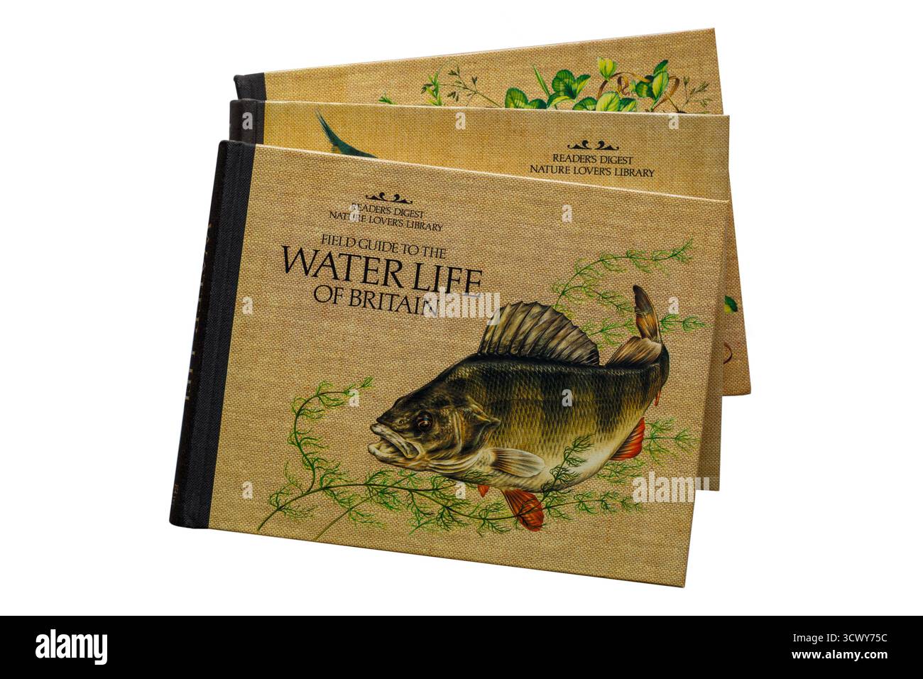 Selezione di libri cartacei dalla Readers Digest Nature Lovers Library con Field Guide to the Water Life of Britain su sfondo bianco Foto Stock