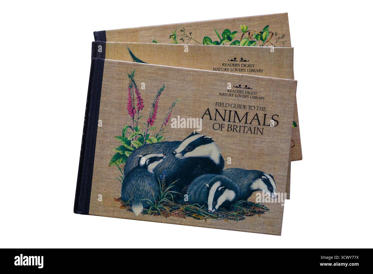 Selezione di libri cartacei dalla libreria Readers Digest Nature Lovers con Field Guide to the Animals of Britain su sfondo bianco Foto Stock