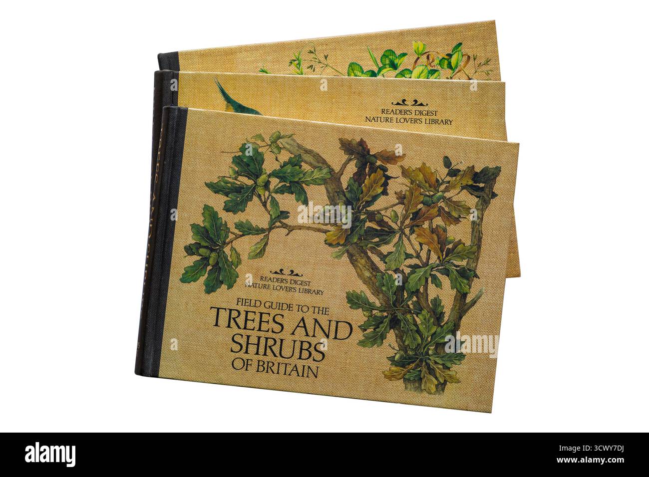 Selezione di libri rilegati dalla libreria Readers Digest Nature Lovers con Field Guide to the Trees and Shrubs of Britain, ambientato in bianco Foto Stock