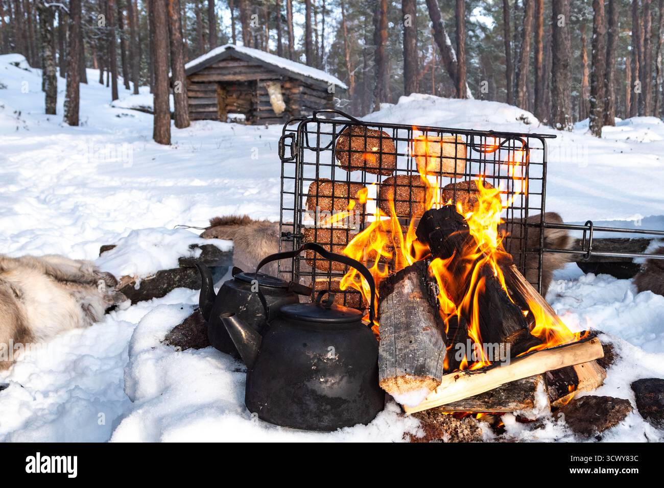 Pane tostato sul fuoco della neve, Finlandia, Lapponia Foto Stock
