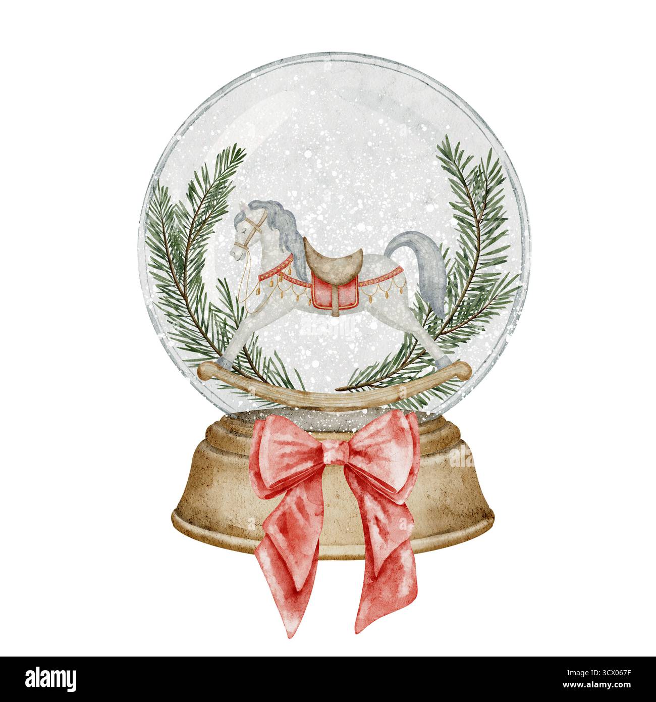 Illustrazione ad acquerello di un globo di neve natalizio con cavallo a dondolo e arco rosso. Snowball di vetro per biglietti di auguri natalizi o inviti di Capodanno. Arte per imballaggi o poster per le vacanze. Foto Stock