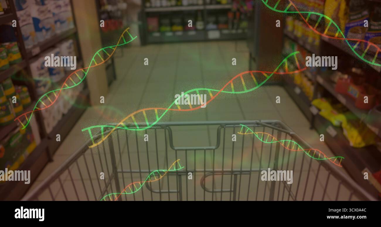 Mostra il carrello della spesa nel corridoio della drogheria con ripiani riforniti, pavimento piastrellato e grafica a DNA fluttuante Foto Stock