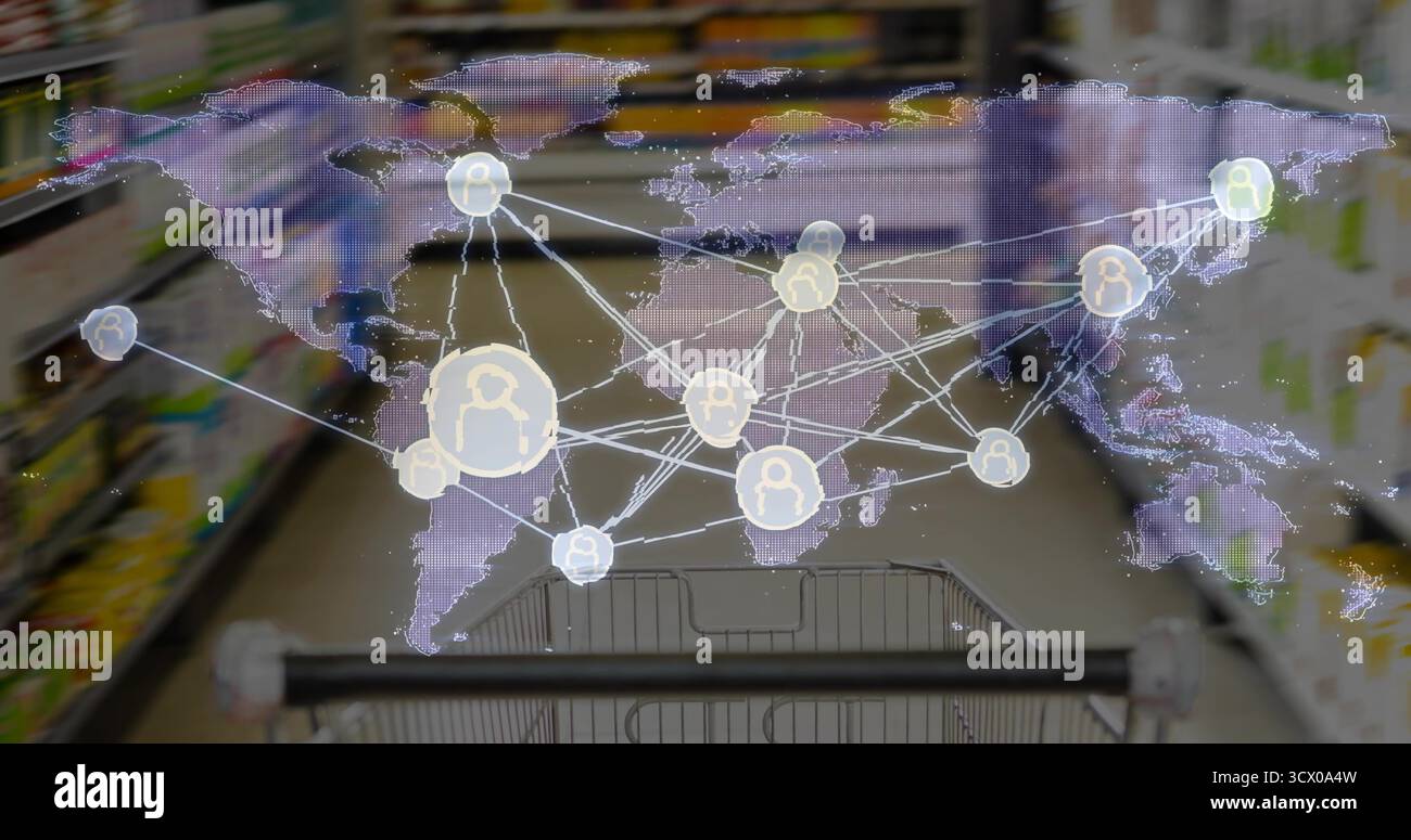 Mostra agli acquirenti che indossano abiti casual che spingono il carrello nella corsia della spesa, con avatar che collegano la mappa del mondo Foto Stock