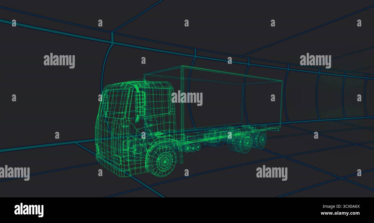 Occupando un modello di carrello con struttura a reticolo verde neon che illustra la scena 3D all'interno del tunnel con griglia blu neon Foto Stock