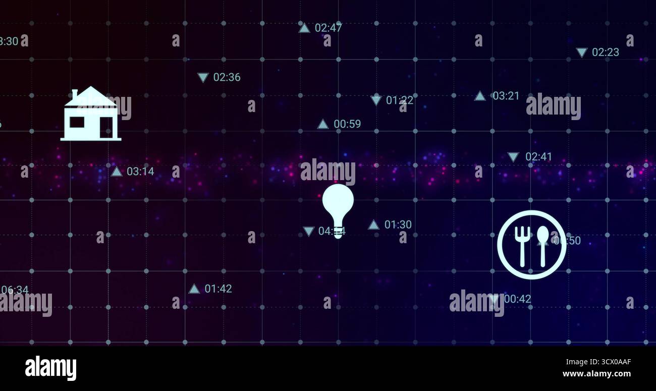 Visualizzazione del perno della mappa della lampadina centrato sulla griglia blu con icone di nebulosa viola, casa e utensili Foto Stock