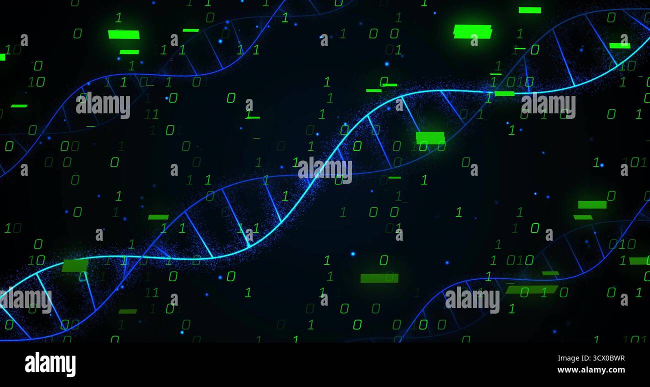 Filamenti di elica del DNA blu neon che scorrono nel ciberspazio, con cifre binarie e blocchi verdi Foto Stock