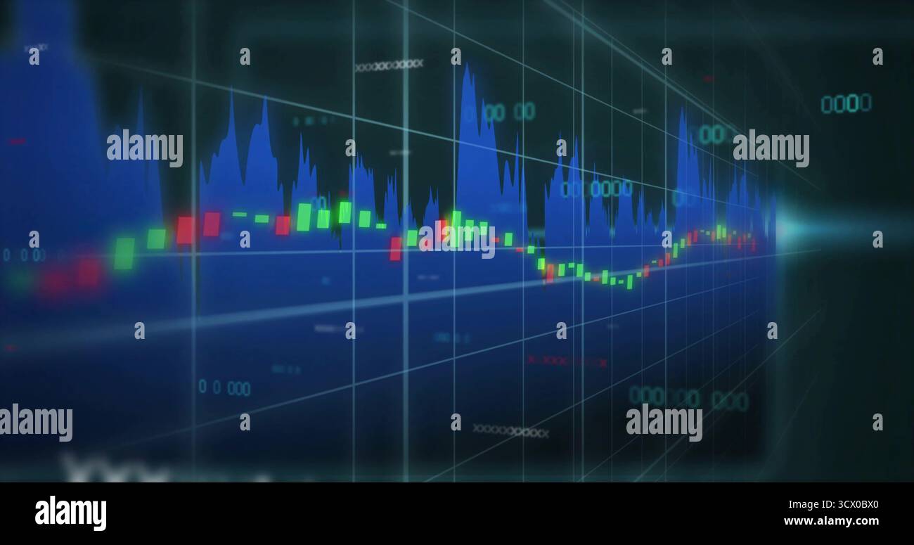 Visualizzazione del dashboard di visualizzazione dei dati finanziari 3D, con candele e grafico dell'area blu in aumento Foto Stock