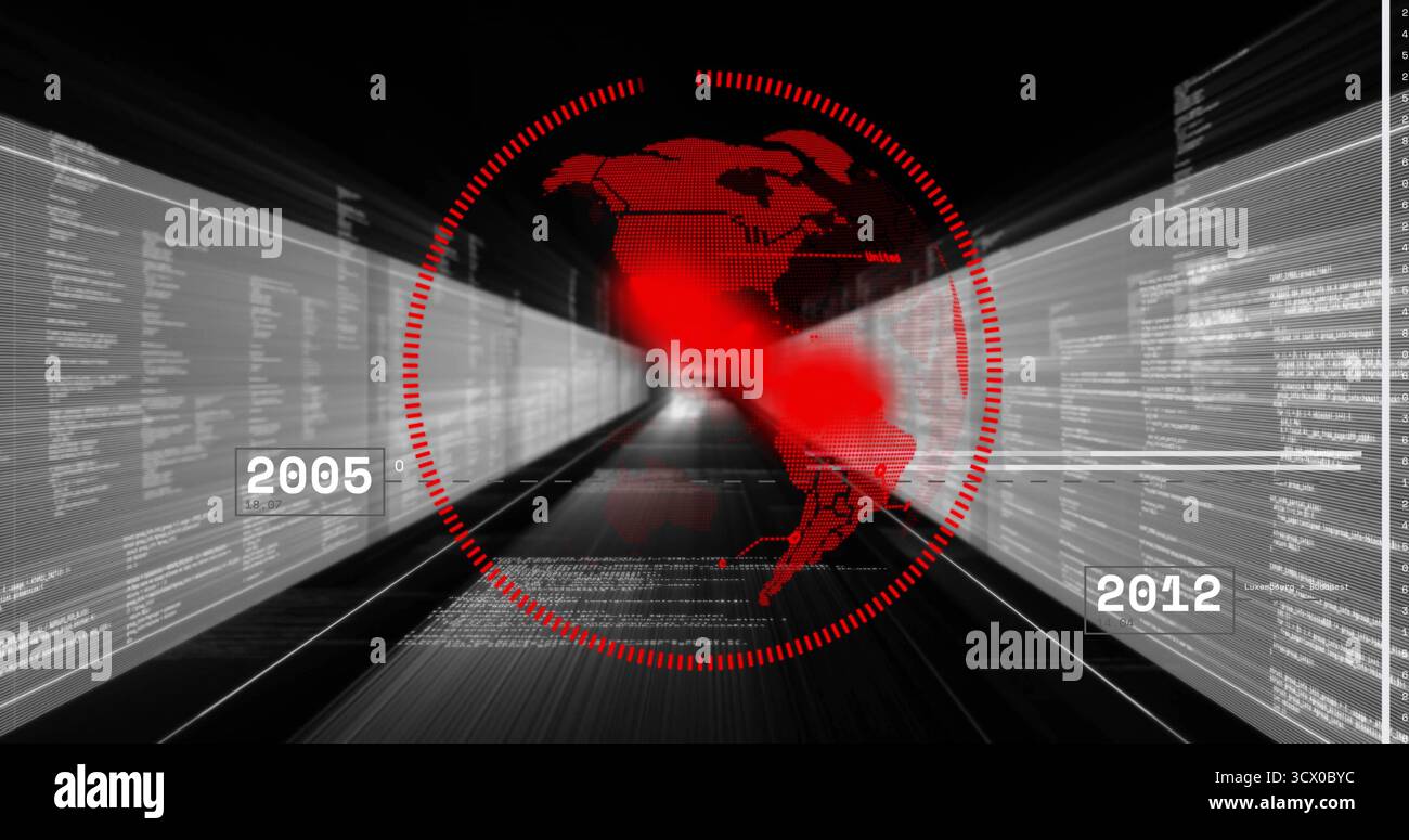 Visualizzazione dell'interfaccia utente di scansione rossa nel tunnel dati, con visualizzazione della mappa e della cronologia delle Americhe in pixel 2005, 2012 Foto Stock