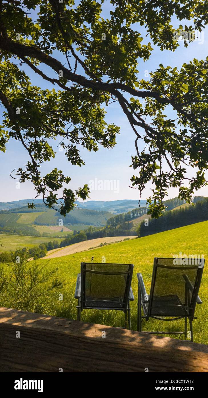 Rilassante scenario di campagna estiva con due sedie all'ombra degli alberi che si affacciano sulla valle verde e sulle colline boscose. Foto Stock