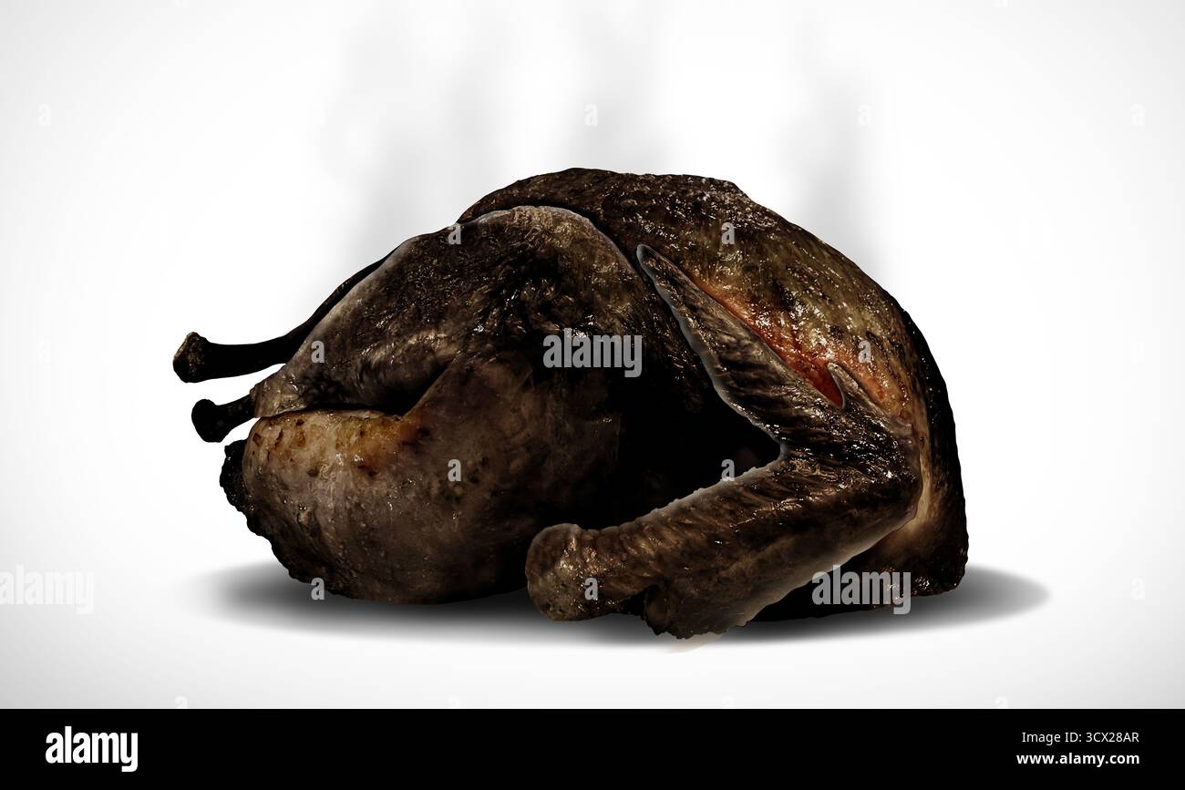 La cena di ringraziamento del tacchino bruciato è un disastro, poiché il pollame arrosto del giorno del ringraziamento, che rappresenta un fallimento autunnale e la cena Foto Stock