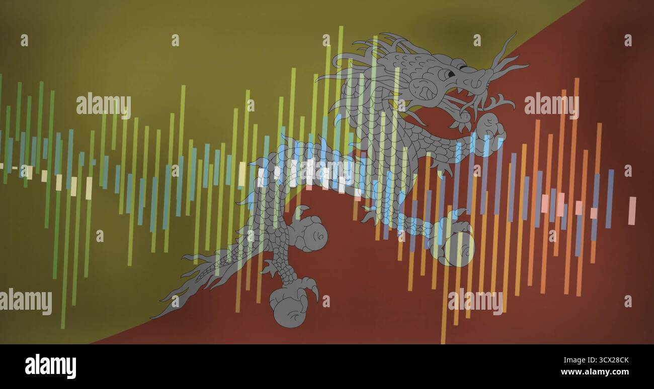 Con illustrazione stilizzata a drago sovrapposta a una divisione di colori diagonale, con barre delle forme d'onda colorate Foto Stock