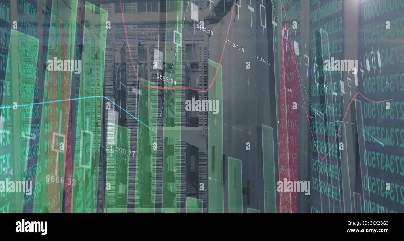 Visualizzazione dei rack server con grafici finanziari e codice con cavi e luci nel corridoio IT Foto Stock