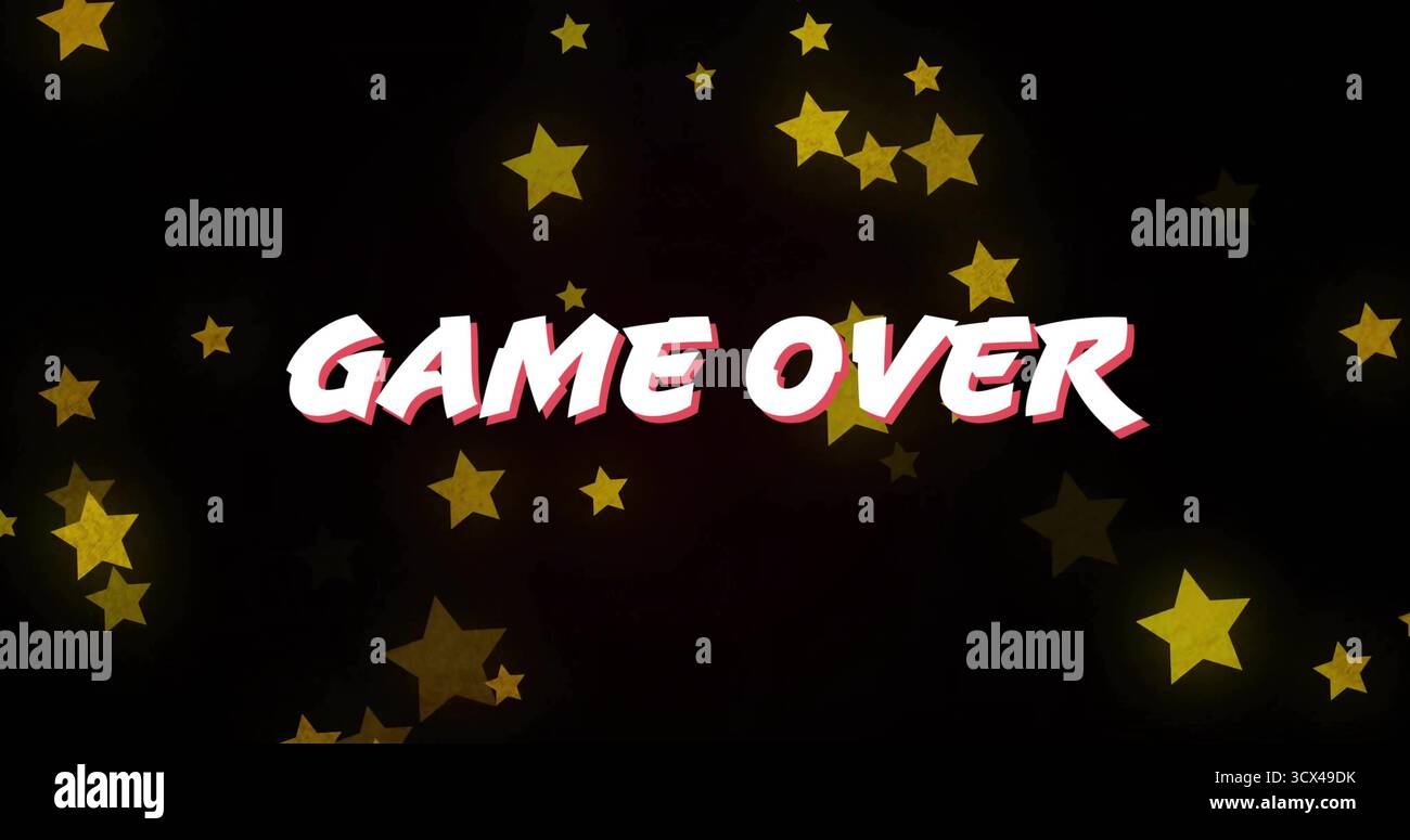 Visualizzazione del testo stilizzato "GAME OVER" con ombra rossa sulla schermata finale del gioco nera, con stelle dorate Foto Stock
