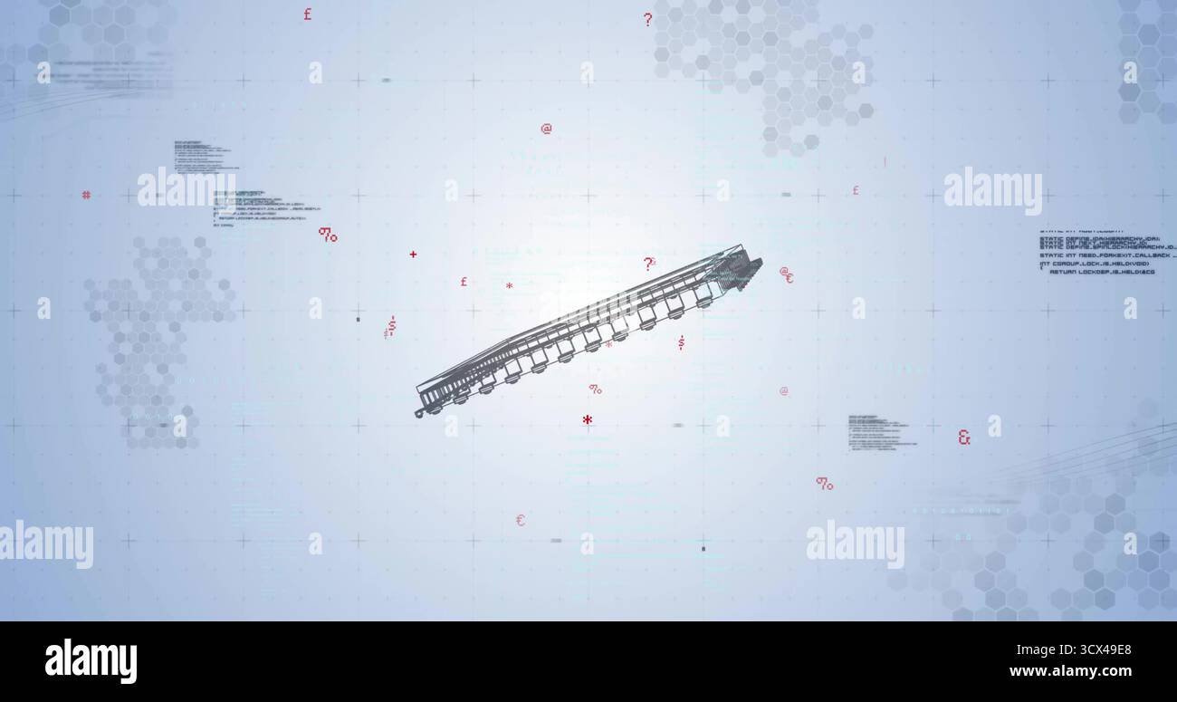 Visualizzazione del segmento della rotaia che passa con il mouse su griglia blu pallido con simboli rossi, esagoni grigi e codice Foto Stock