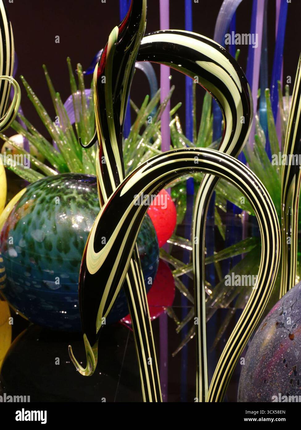 SEATTLE - APR 25, 2025 - elegante scultura in vetro nero e verde lime che assomiglia a steli di piante curve verso l'alto, emergendo da una vibrante gamma di colori Foto Stock