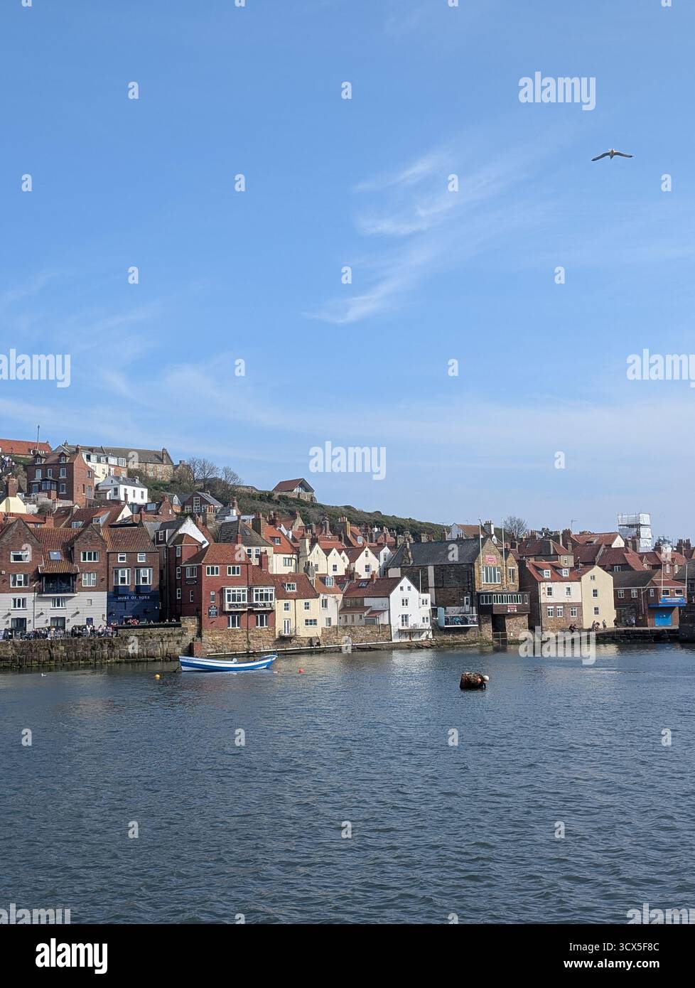 Le rovine di Whitby Abbey si affacciano sulla città costiera e sul porto, North Yorkshire, Inghilterra, Regno Unito. - Immagine stock catturata con smartphone