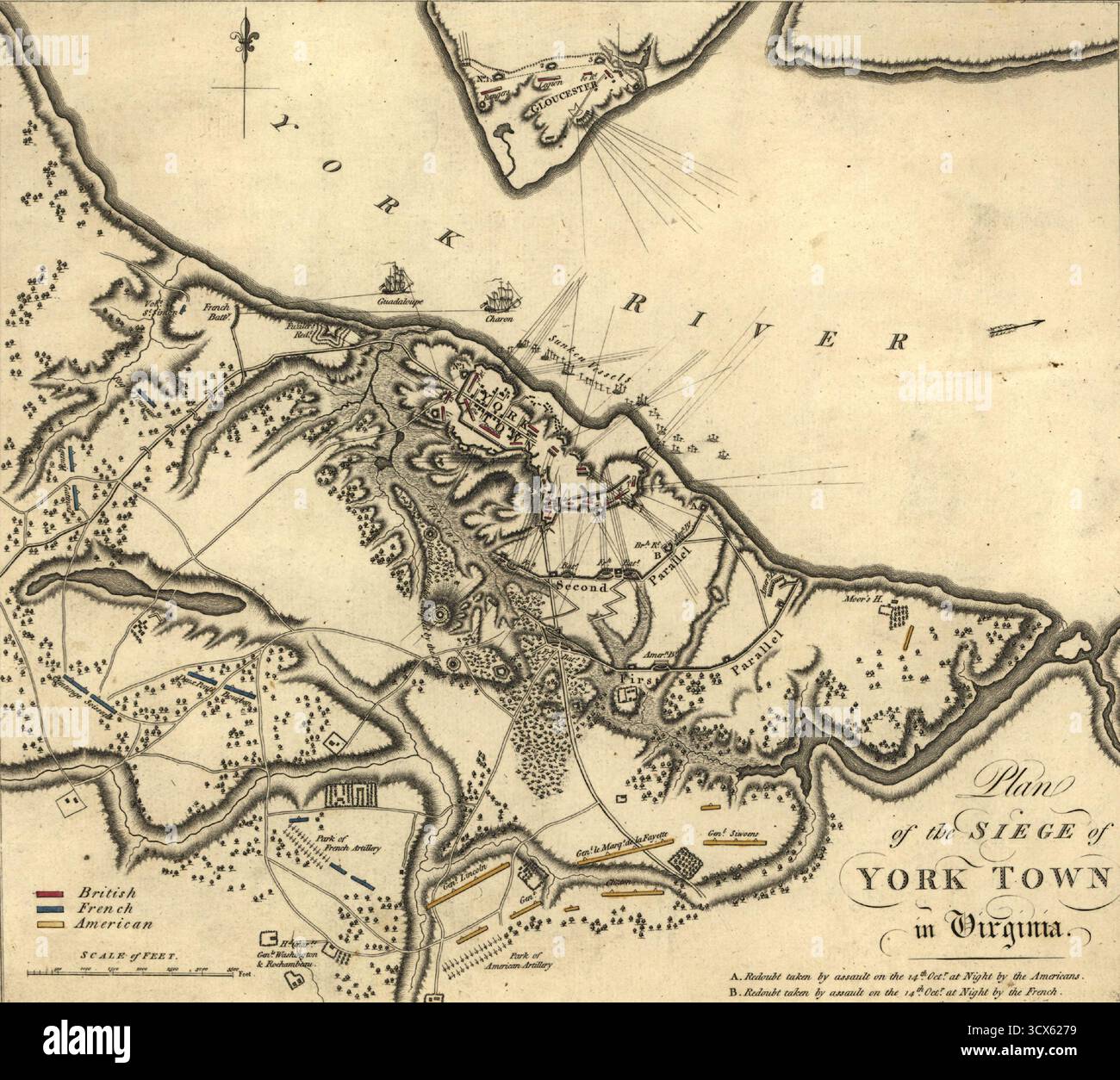 Antica mappa che illustra le posizioni e le manovre militari durante l'assedio di Yorktown, una battaglia fondamentale nella guerra di indipendenza americana. SEATTL Foto Stock