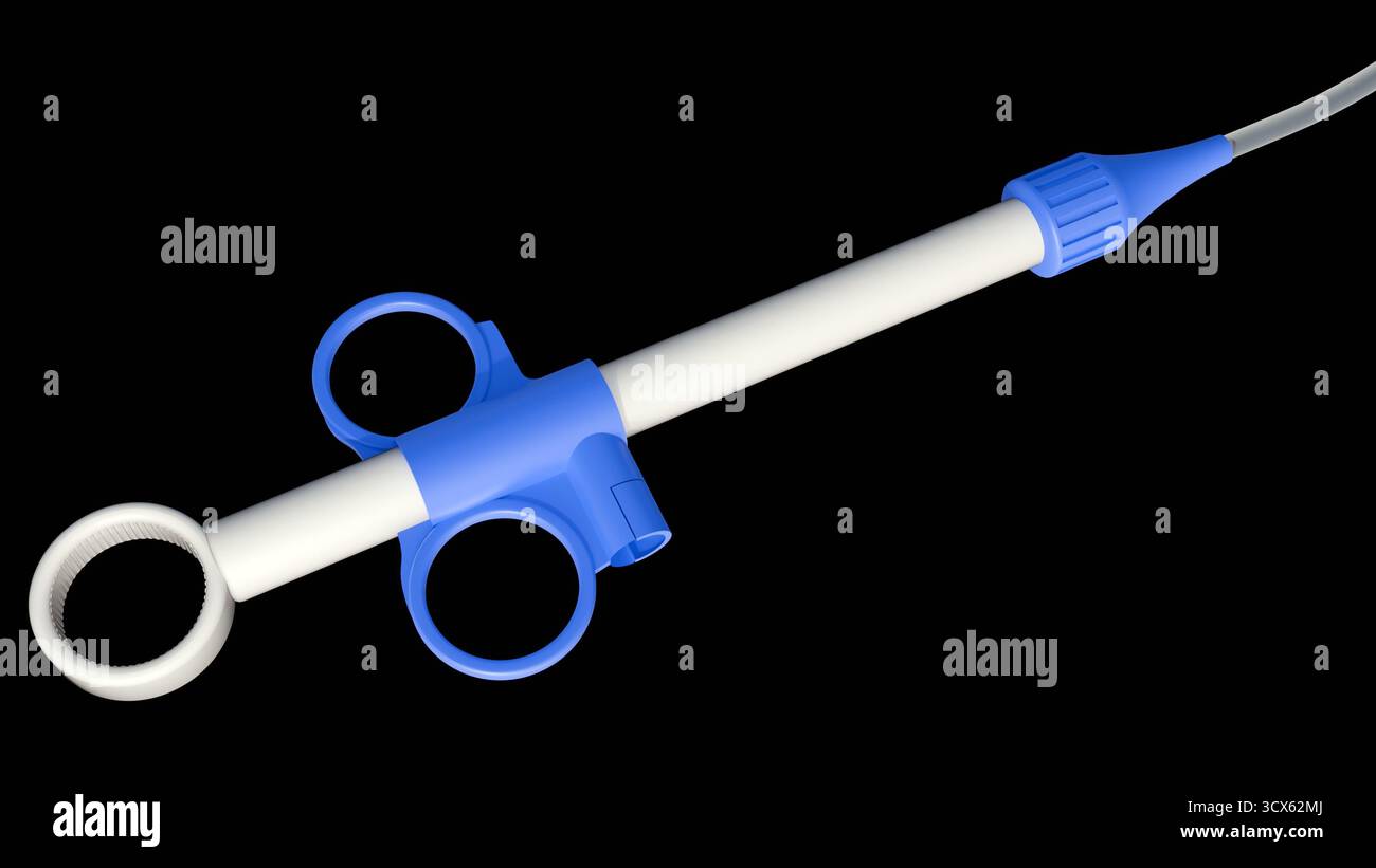 Immagine di illustrazione 3D di un Colonoscopio utilizzato in Colonoscopia, con una maniglia collegata a un tubo lungo, trasparente e flessibile. con sfondo nero. Foto Stock