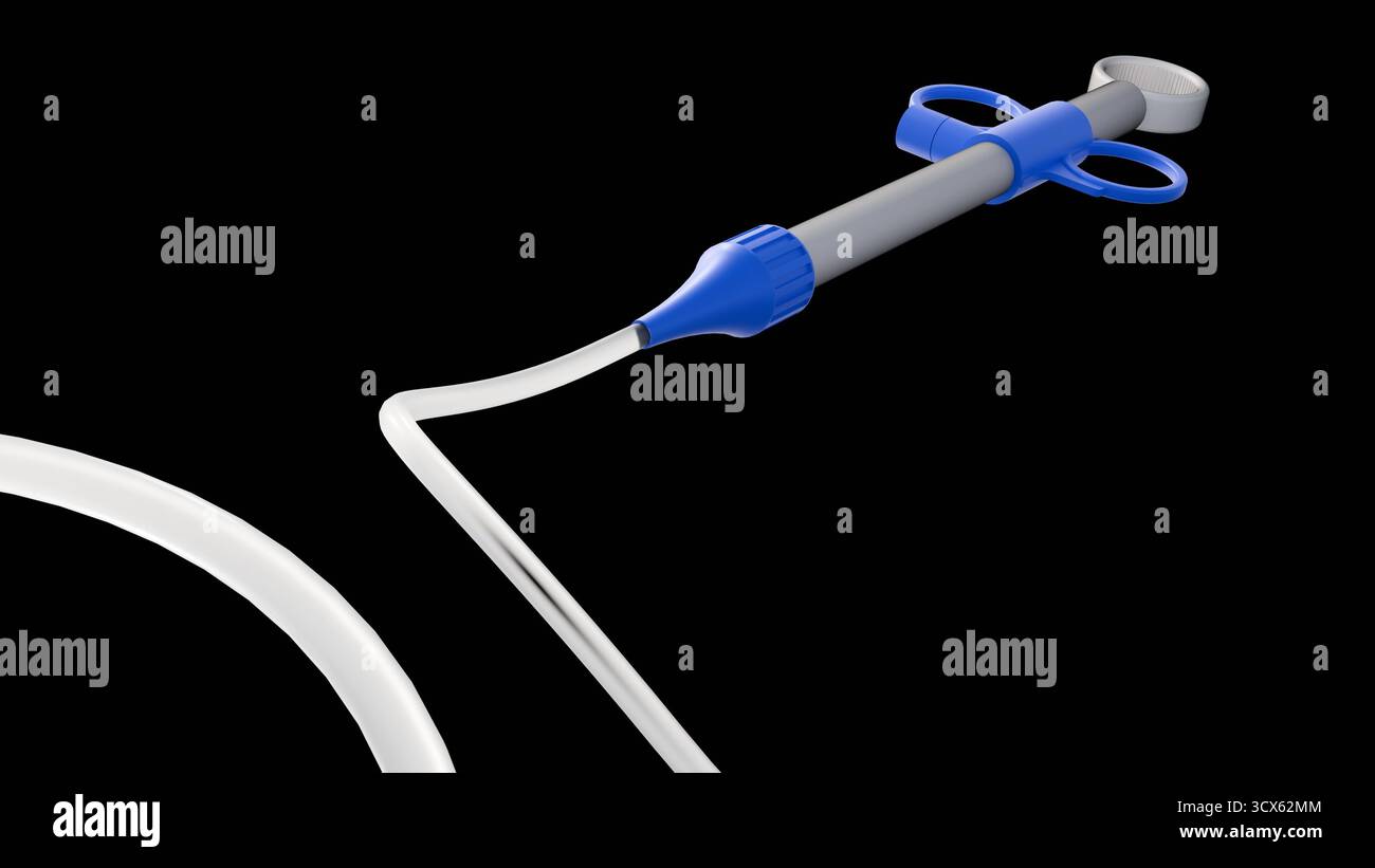 Immagine di illustrazione 3D di un Colonoscopio utilizzato in Colonoscopia, con una maniglia collegata a un tubo lungo, trasparente e flessibile. con sfondo nero. Foto Stock