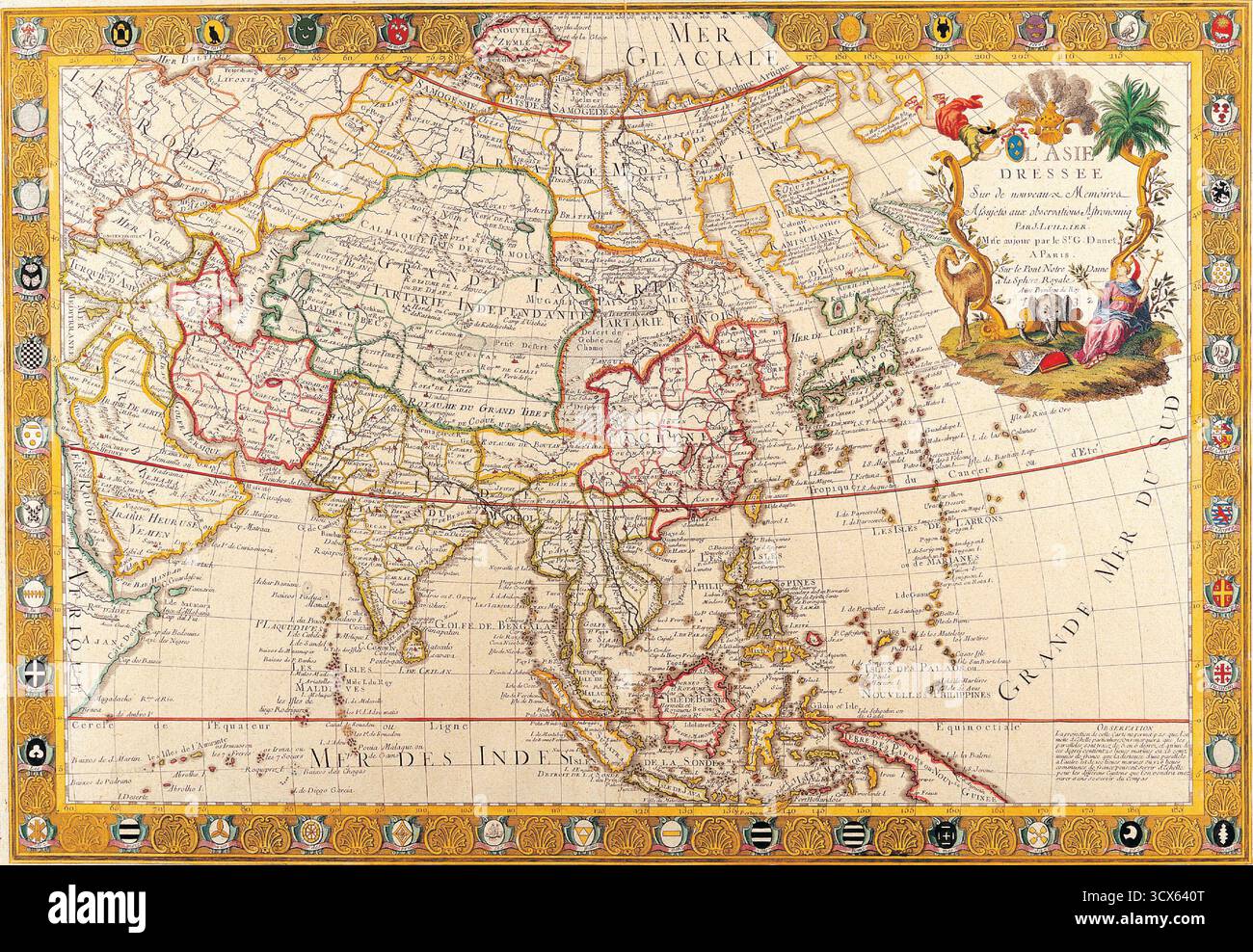 Mappa d'epoca che raffigura il continente asiatico, rivelando intricati confini politici, dettagli del terreno, elementi cartografici ornamentali dell'era coloniale, c Foto Stock