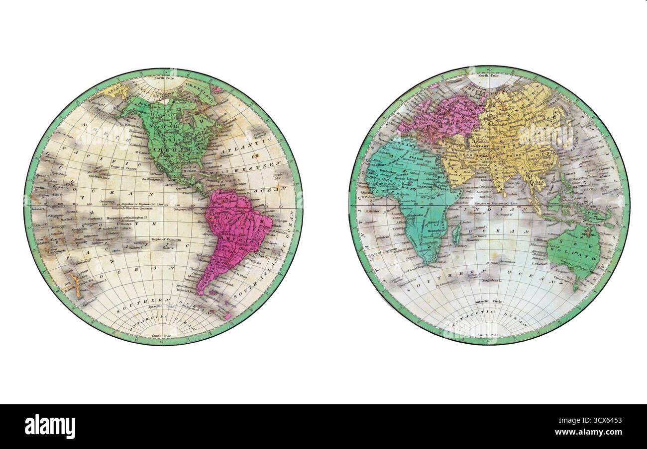 Mappa dell'emisfero orientale e occidentale da un antico atlante, senza copyright Foto Stock