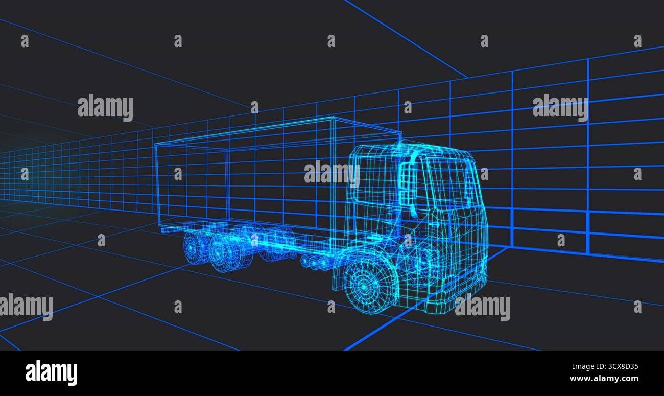 Rendering del modello di semi-carrello a reticolo all'interno di uno spazio griglia 3D, evidenziando la profondità di simulazione Foto Stock
