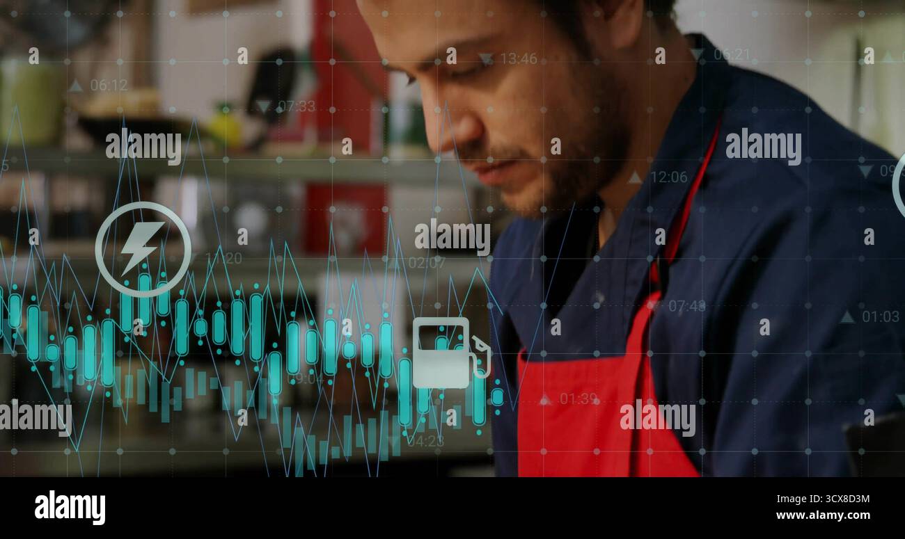 Analisi del barista che indossa grembiule rosso e camicia blu sovrapposti in cucina, con icone delle forme d'onda Foto Stock