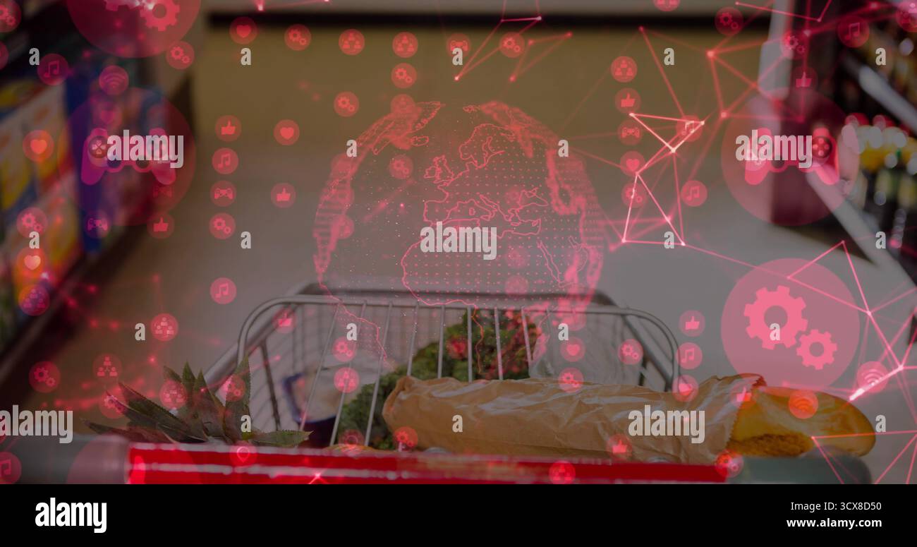 Carrello mobile nella corsia dei negozi, con baguette, alimentari, globo olografico con icone social Foto Stock