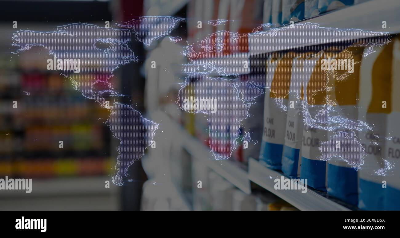 Ripiani che contengono sacchetti di farina bianca e blu nel corridoio della spesa, sovrapposizione della mappa del mondo, spazio per le copie Foto Stock
