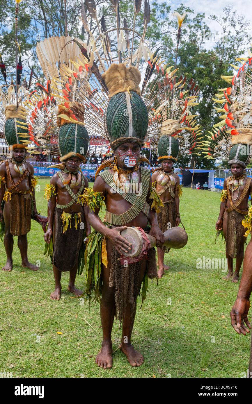 Tribù papuane delle Highlands che hanno copricapi fatti di conchiglie di coleotteri, Goroka Sing-Sing Festival 2025, Eastern Highlands, Papua nuova Guinea Foto Stock