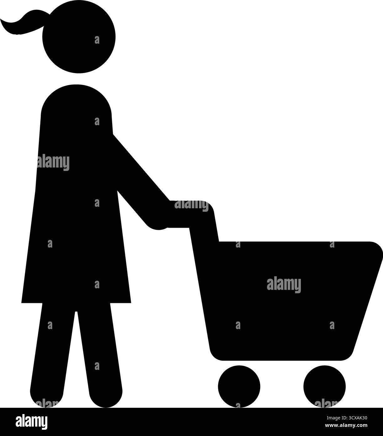 Icona dello shopping, persona maschile con carrello in un pittogramma con glifo Illustrazione Vettoriale