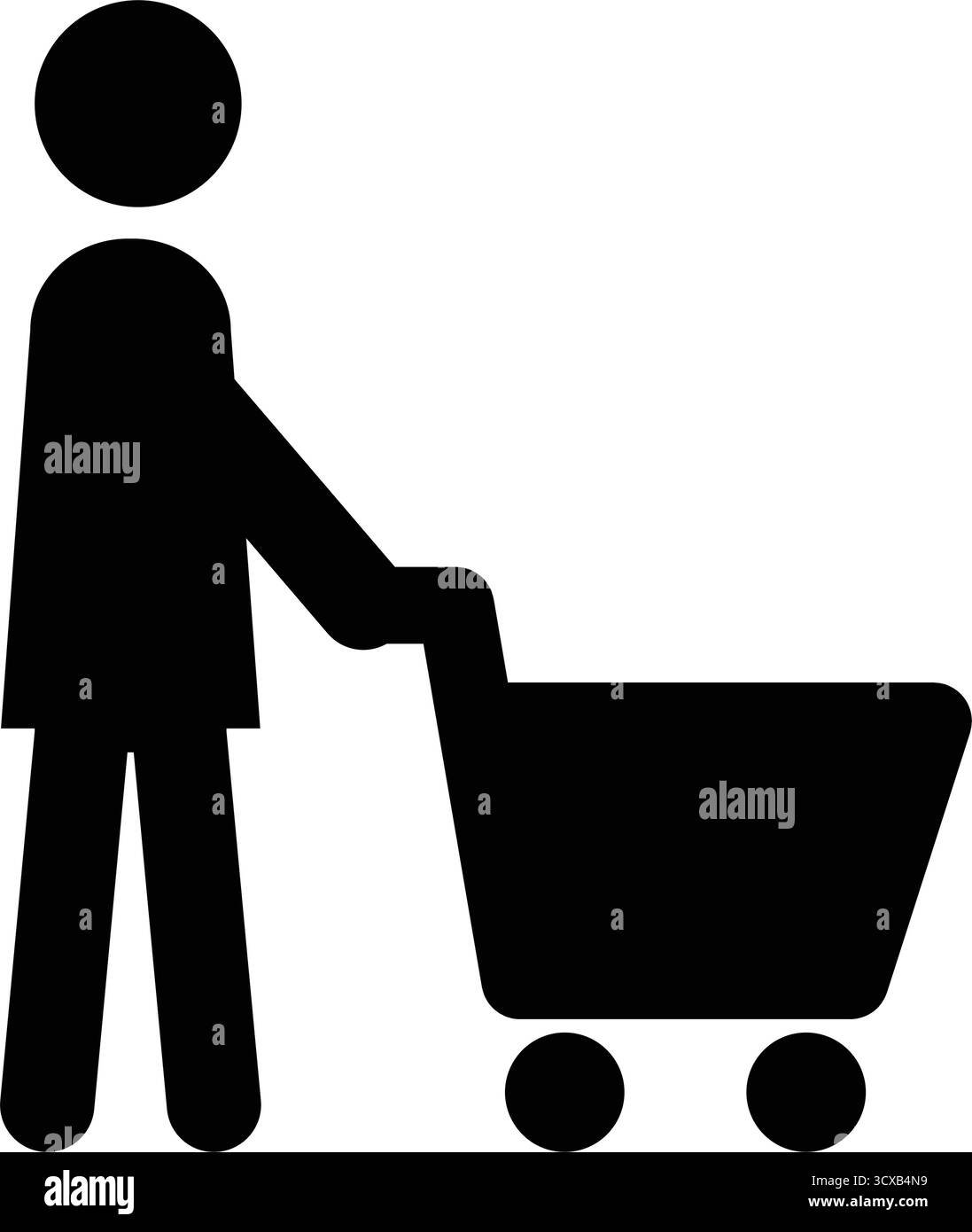 Icona dello shopping, persona maschile con carrello in un pittogramma con glifo Illustrazione Vettoriale