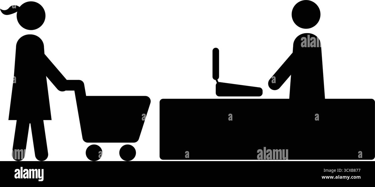 Icona dello shopping, persona maschile con carrello in un pittogramma con glifo Illustrazione Vettoriale