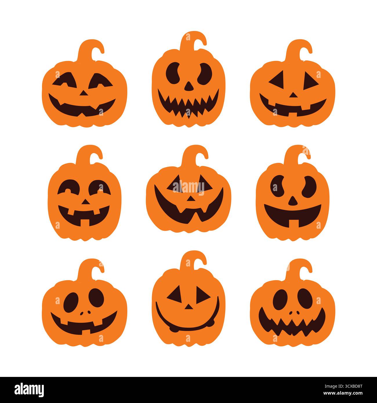 Collezione di zucche di Halloween, isolata su sfondo bianco. Zucche di forme diverse. Spaventoso vettore di zucche intagliate Illustrazione Vettoriale