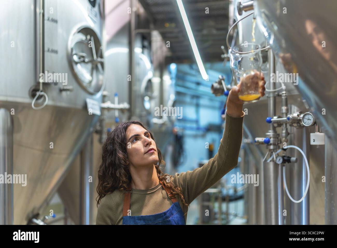 Donna che esegue il controllo di qualità, tiene un campione di birra fresca in un moderno stabilimento artigianale con ferme in acciaio inossidabile Foto Stock