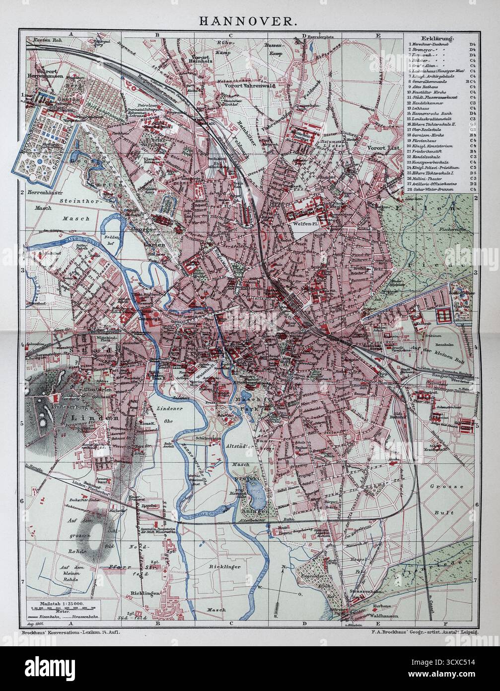 Hannover, mappa storica della città del 1907 Foto Stock