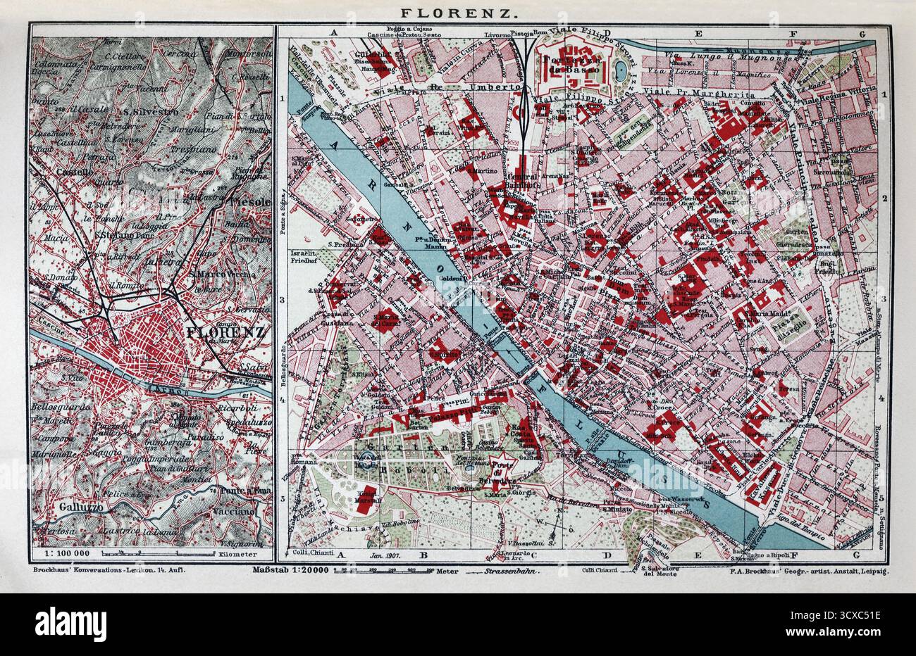 Firenze, mappa storica della città del 1907 Foto Stock