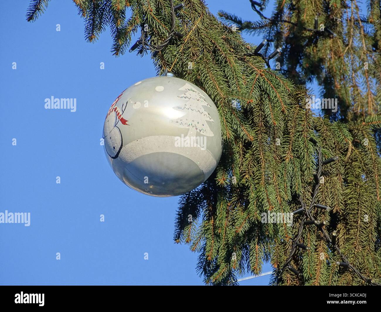 Grande palla su un albero di Natale naturale nella città di Baia Mare Foto Stock