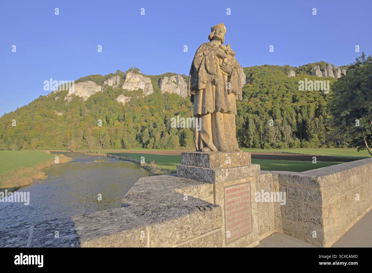 Statua di San Nepomuceno e Danubio con formazioni rocciose, paesaggio, scogliere, rocce, montagne, natura, foresta, paesaggio fluviale, scultura, San Giovanni di Foto Stock